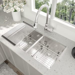 Fregadero de acero inoxidable hecho a mano, cuenco doble, lavabo profundo, esquinas R10, duradero y a prueba de herrumbre, ideal para Cocinas Modernas - Product Image 4