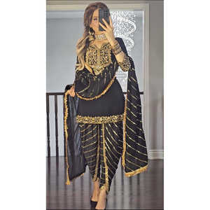 Women's Intricately Embroidered <b>Black</b> and Gold Dhoti Patiyala Suit - Product Image 1