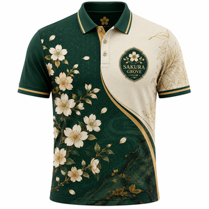 เสื้อโปโลแขนสั้นผู้ชาย ซากุระโกรฟ คลับ ลายดอกไม้ สีเขียวครีมทอง ระบายอากาศได้ดี สไตล์สมาร์ทแคชชวล - Product Image 1