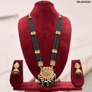 Traditional South Indian Temple Long Bridal Necklace <b>Set</b> Alloy Gold Plated Kundan Pearl Earrings High Quality Latest Designed - Product Image 1