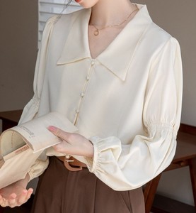 Women's Elegant Satin Blouse With Peter Pan Collar Full Sleeve <b>Balloon</b> Sleeve Button Down Shirt Solid Color Regular Fit - Product Image 6