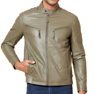 Men's Olive Green Genuine Leather <b>Waterproof</b> Eco-Friendly Moto <b>Jacket</b> Stand Collar Zipper Closure Slim Fit Solid Color Autumn - Product Image 6