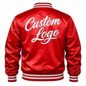 Blouson universitaire d'hiver en satin rouge à col montant, personnalisable avec nom et logo sur le devant, style Letterman Bomber - Product Image 3