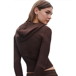 Women's Knitted Hooded Crop <b>Top</b> Long Sleeve <b>Zipper</b> Front Casual Cardigan Solid Color All Seasons Wear - Product Image 2