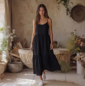 Vestido midi negro con tirantes finos para mujer, sin mangas, corte holgado, informal, para uso diario, traje elegante - Product Image 2