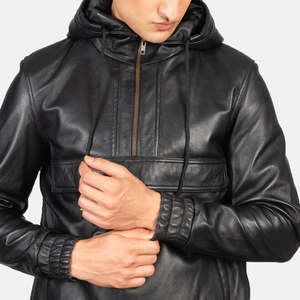 Chaqueta de cuero negra con capucha para hombre, media cremallera, informal, cortavientos, corte ajustado, estilo otoñal - Product Image 6