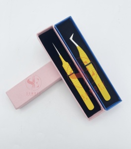 Pinzas de extensión de pestañas de acero inoxidable de grado profesional Diamond Grip Volumen de fibra de recubrimiento de polvo amarillo de alta calidad - Product Image 2