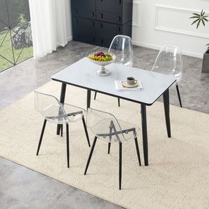 Juego de Comedor con Textura de Mármol Imitación Blanco, Cubierta de Vidrio con Base Inferior de MDF y Patas de Metal Negro, 4 Sillas Transparentes Emparejadas - Product Image 2