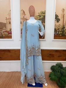 Ensemble Salwar Kameez en Faux Georgette Brodé Bleu Clair avec Churidar Kurta et Dupatta, Tenue Pakistanaise pour Mariage et Fêtes - Product Image 1