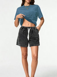 Solid Color Vintage Washed Short Sleeve Shorts Set Women's Distressed Two-Piece Casual Daily Wear Regular Fit Summer for Wear - Product Image 3