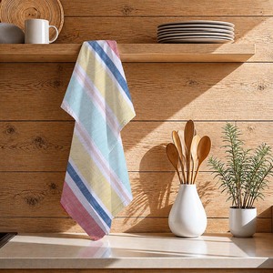 Serviette de cuisine en coton 100% de qualité supérieure, à rayures, pour la maison et la restauration, séchage rapide, en coton slub. - Product Image 1