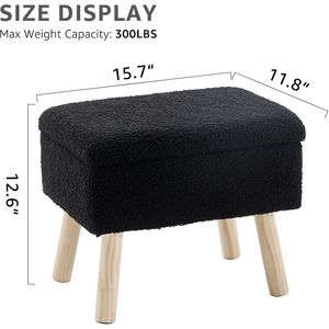 Pouf Contenitore Rettangolare Nero Contemporaneo con Rivestimento in Tessuto Teddy, Gambe in Legno Massello, Poggiapiedi per Ingresso di Casa - Product Image 2
