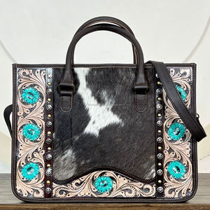 New Arrival Hair on cowhide Tooled Leather Crossbody Tote <b>Bags</b> Turquoise Floral <b>Studs</b> Zipper Closure Women's Daily Handbags - Product Image 2