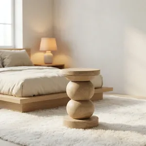 Modern Solid Wood <b>Side</b> <b>Table</b> Sculptural Round Accent End <b>Table</b> Minimalist Bedroom Living Room Furniture Contemporary Home Decor - Product Image 3