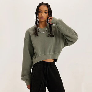 Sudaderas y Hoodies de Algodón Felpa Lavado, Corte Recortado, Cuello Redondo, Hombros Caídos, Estilo Urbano de Invierno para Mujer, Color Liso - Product Image 2