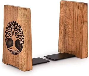 Par de sujetalibros de madera con diseño rústico de cerca, base de metal negro, decorativos, hechos a mano, ecológicos, para casa de campo u oficina. - Product Image 2