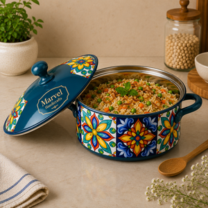 <b>Marvel</b> Handicrafts Moroccan Tile <b>Print</b> Insulated Steel Casserole Hot Pot with Lid Premium Food Warmer Serving Bowl for Dining - Product Image 3