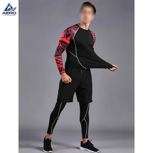 Conjunto de compresión de 2 piezas para hombre, camiseta de cuello redondo y pantalones largos, ropa deportiva de compresión de manga larga, conjunto de gimnasio que absorbe la humedad, OEM ODM - Product Image 2