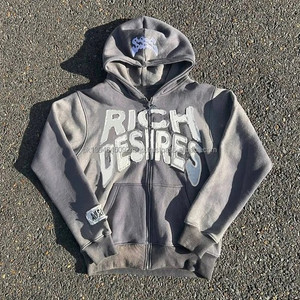 Custom Heavyweight 100% Cotton Zip up Hoodie Men Custom Distressed <b>Applique</b> <b>Patch</b> Embroidery Vintage Acid Washed Hoodie for Men - Product Image 2
