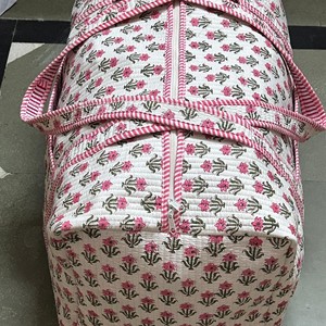 Indian Handmade Luxury Lightweight Block Print Quilted Cotton Duffle <b>Bag</b> Pink Floral Cotton <b>Duffel</b> <b>Bag</b> with Striped - Product Image 6