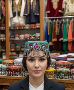 Collar de Monedas Afgano Kuchi Elaborado con Maestría, con Incrustaciones Alternadas de Cristal Rojo y Azul, Intrincado Trabajo de Cuentas Metálicas - Product Image 4