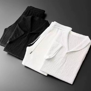 Summer Men 2 Piece Suits Short Sleeve <b>Tops</b> + Long Pants Solid Color Collar Button Elastic Waist <b>Trousers</b> Tracksuit - Product Image 5