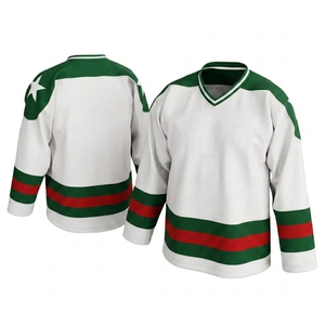 Ropa Deportiva con Estampado Sublimado, Jersey de Hockey sobre Hielo Blanco Transpirable Personalizado con Franjas Rojas y Verdes Bosque, Jersey Profesional para Equipo - Product Image 1