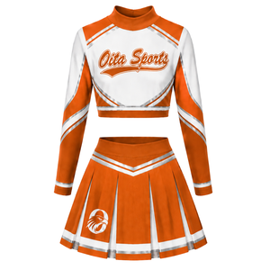 Ensemble uniforme de cheerleading sublimé orange et blanc à manches longues avec jupe plissée pour l'entraînement et la performance des équipes sportives - Product Image 2