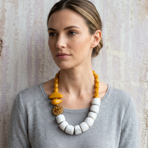 Handmade Resin Craft Beaded Necklace Irregular Shape Yellow White Fashion Statement Jewelry Accessory - Product Image 1