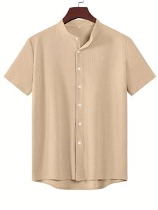 เสื้อเชิ้ตแขนสั้นคอจีนชาย ผ้าฝ้ายทอ 100% แบบเรียบ สวมใส่สบาย แห้งเร็ว เหมาะสำหรับฤดูร้อน ติดกระดุม - Product Image 3