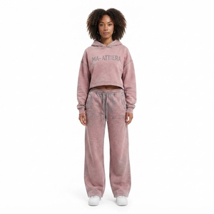 Custom Women Acid Wash <b>Pink</b> Cropped Hoodie Wide Leg Sweatpants Two Piece <b>Tracksuit</b> OEM Wholesale - Product Image 1