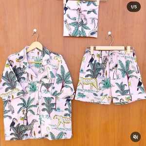 Conjunto de pijama corto de algodón para mujer, pijama de manga corta de 2 piezas con botones y ribetes estampados. - Product Image 4