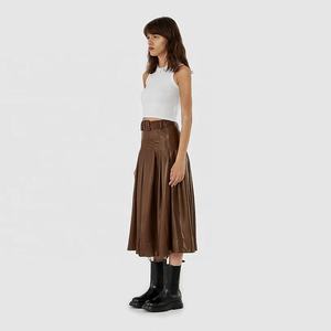 OEM 2026 Autumn Vintage Belt Flared Umbrella Brown Leather Long Skirts for Women - Product Image 2