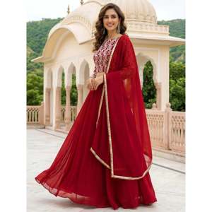 <b>Red</b> Embroidered Georgette Plus Size <b>Lehenga</b> Choli for <b>Wedding</b> - Product Image 5