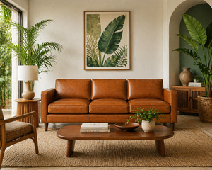 Leather <b>Sofa</b> for Tropical Modern Living Room Cognac Genuine Leather Couch Natural Style Wooden Legs Relaxed Cozy Design - Product Image 1