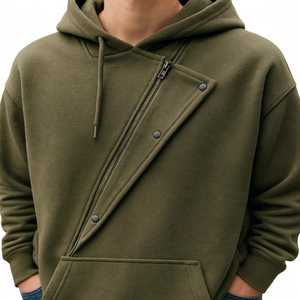 <b>Men's</b> Plus Size Olive <b>Green</b> <b>Hoodie</b> Asymmetric Zipper Fleece Pullover Sweatshirt with Kangaroo Pocket Autumn - Product Image 3