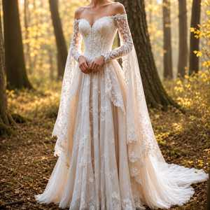 Vestido de Novia Moderno con Encaje Floral en los Hombros, Corsé, Mangas Largas Transparentes, Falda de Tul en Capas, Cola Catedral, Ecológico - Product Image 1