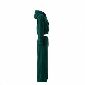 Conjunto de Moletom Verde com Zíper e Calça de Moletom de Perna Larga para Mulheres, Agasalho <span class=keywords><strong>Casual</strong></span> de Duas Peças com Capuz e Cordão, Estilo Moderno - Product Image 3