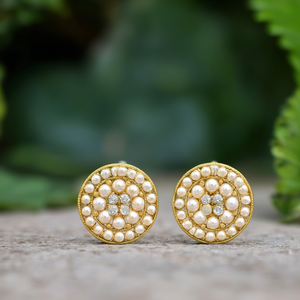 Trendy 18K Gold Plated Brass Round Stud Earrings with Pearl and Diamond Accents - Product Image 3