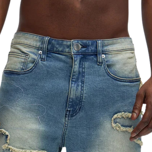 Shorts en jean bleu clair respirant pour homme, coupe ample, longueur genou, en coton, décontracté, style streetwear, détails déchirés, ourlet brut, été - Product Image 3