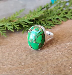 Wholesale Natural Green Turquoise <b>Adjustable</b> <b>Ring</b> 925 Sterling Silver Handmade Oval Green Turquoise Gemstone <b>Ring</b> Boho Statement - Product Image 1
