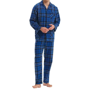 Ensemble pyjama à carreaux bleu royal pour hommes, col à revers, manches longues, en coton doux et aérien, confortable et décontracté, vêtements de nuit pour hommes, costumes de maison - Product Image 3