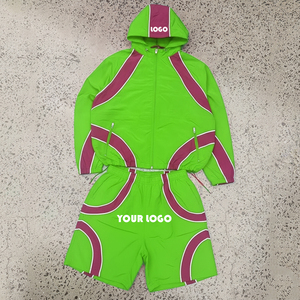 Chándal con Capucha para Hombre, Tallas Grandes, Color Sólido, Bloques de Color, Secado Rápido, Ropa Urbana de Verano, 100% Algodón, Verde y Morado - Product Image 1