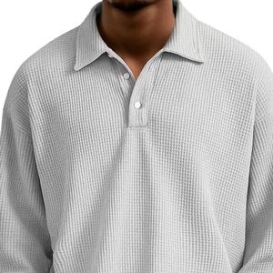 Chemises polo pour hommes en gris chiné texturé, manches longues, épaules tombantes, tricot décontracté Johnny, respirant, polos de qualité supérieure - Product Image 3