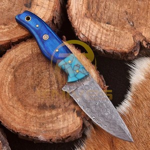 Cuchillo de Caza de Hoja Fija de Acero de Damasco, Punta Caída, Mango Azul con Incrustaciones de Turquesa, Funda de Cuero X-1307 - Product Image 5