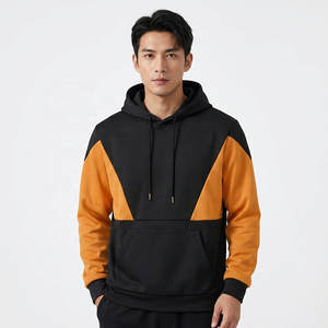 เสื้อฮู้ดผู้ชายแบบคัลเลอร์บล็อก ทรงปกติ สวมใส่สบาย สีดำส้ม ผ้าเฟรนช์เทอร์รี่ แขนยาว มีกระเป๋า ดีไซน์ปักลาย สำหรับฤดูหนาว - Product Image 3