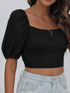 Top de mujer de poliéster ajustado negro liso con cordones y espalda descubierta y mangas abullonadas - Product Image 2