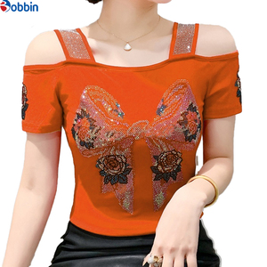 Camiseta de Mujer Estilo Dulce con Hombros Descubiertos, Top Sólido con Pedrería Colorida, Manga Corta, Cuello Cuadrado, Ajuste Delgado - Product Image 6