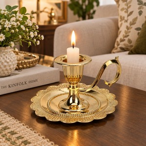 Gold Brass Chamberstick <b>Candle</b> Holder Handled Taper Stand Vintage Scalloped <b>Tray</b> Base Candleholder Home Table Wedding Decoration - Product Image 2