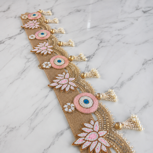 Handmade Jute Evil Eye Beaded Door Toran Pink Lotus Pearl Tassel Wall Hanging <b>Wedding</b> Home Decor Decorative Trim - Product Image 1